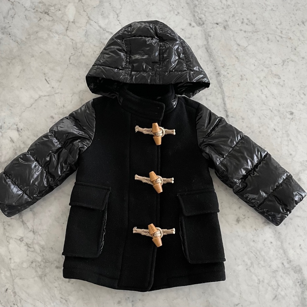 Authentic Burberry Children Black Wool Duffle Coat Puffer Down Sleeves 18M 86cm